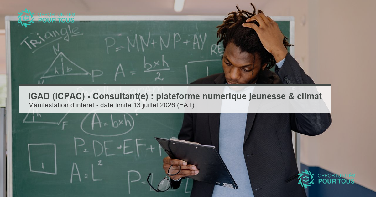 IGAD (ICPAC) – appel à manifestations d&rsquo;intérêt : Consultant individuel (plateforme numérique jeunesse & climat)
